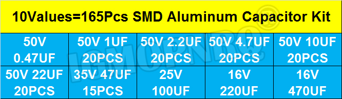 165PCS 10Values SMD Aluminum E - огляд і ціна Capacitor Kit Assortment